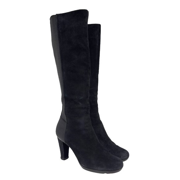 GEOX Respira Suede Knee-High Side Zip Stretch Panel Black Heeled Boots EU 37 - Picture 1 of 15